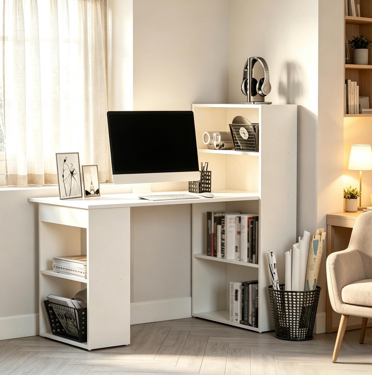 OKWISH Bureau met Geïntegreerd Boekenrek - Modern Werkbureau met Open Opbergruimte - Wit Spaanplaat - 120x55x120 Cm