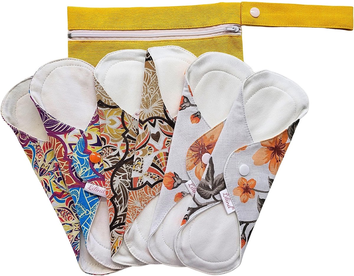 Elzusha - Set van 6 Herbruikbare Katoenen Menstruatiepads met Opbergzak
