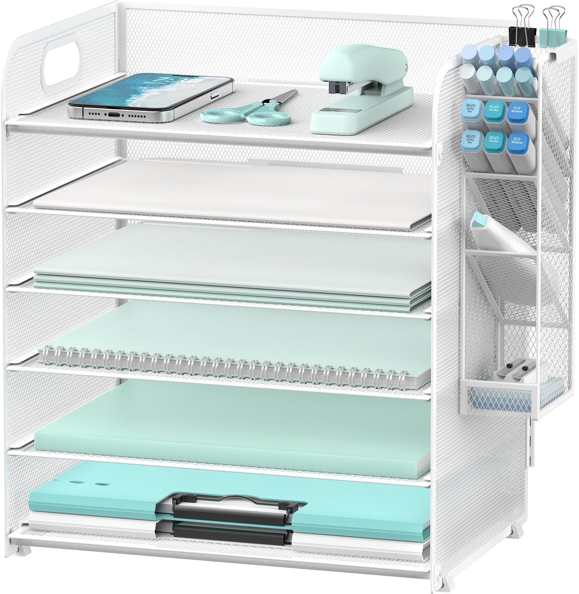 Elzusha - 6-Tier Paper Organiser met 4 Pen Holders - Bureau Organizer voor A4 Mappen - Wit