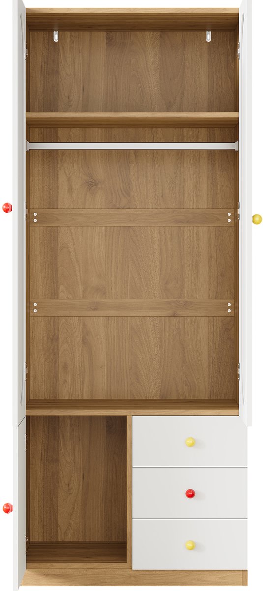 OKWISH Kinder Kledingkast Combinatieset - 2 Deuren En Opbergrek - Voor Slaapkamer En Kinderkamer - Wit Hout - 130x50x200 Cm Wit + naturel