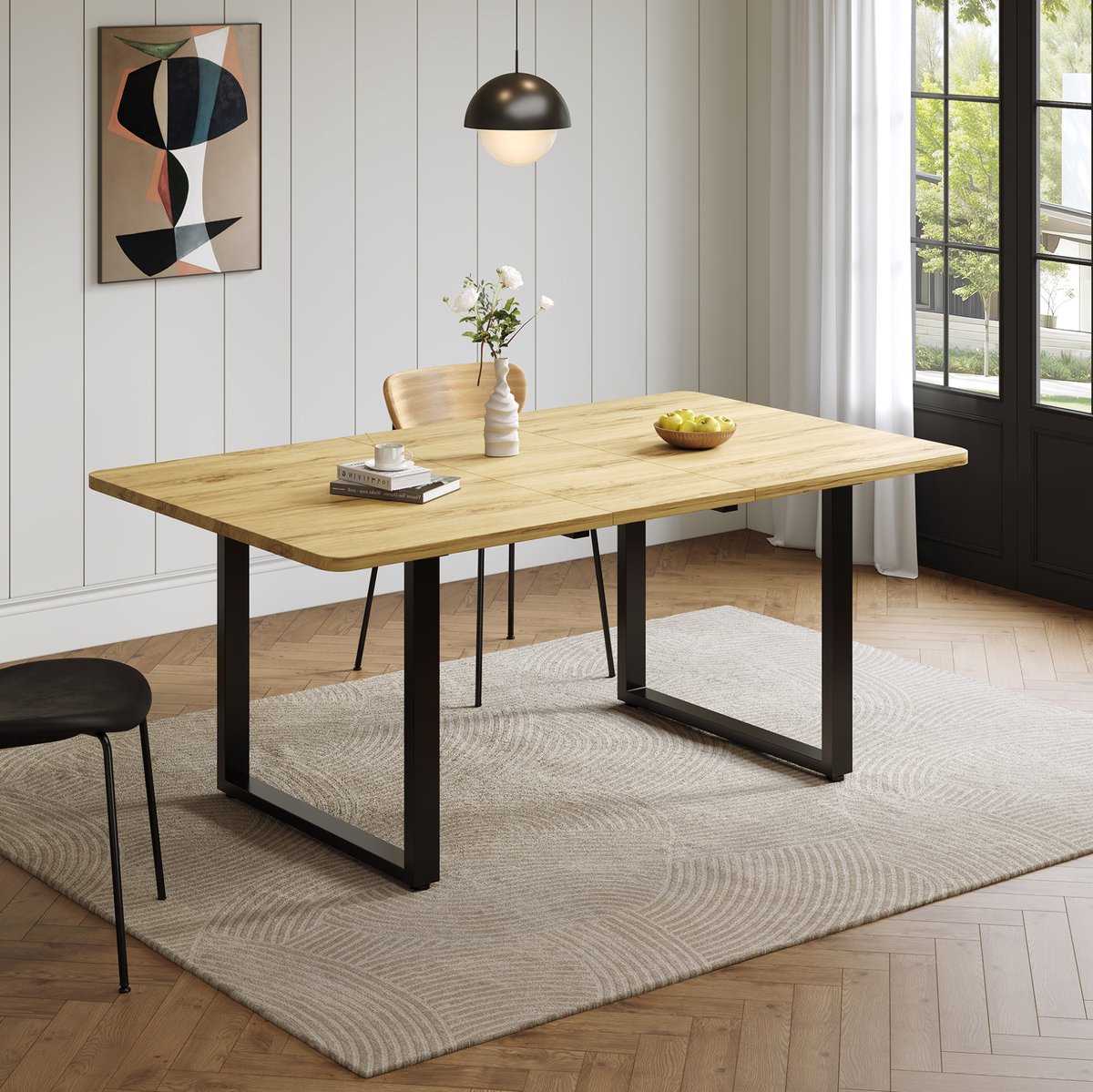 Uitrekbare Eettafel - Rechthoekig Blad Van MDF Met Metalen Poten - Modern Voor Woonkamer En Eetkamer - Naturel - 220x80x75 Cm