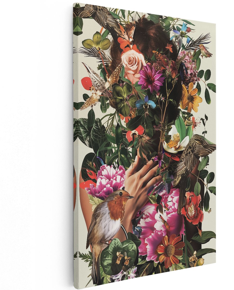 Artaza Canvas Schilderij Vrouw met Bloemen en Vogels - Bloemen - 100x150 cm - Groot - Wanddecoratie Woonkamer - Schilderijen - Muurdecoratie