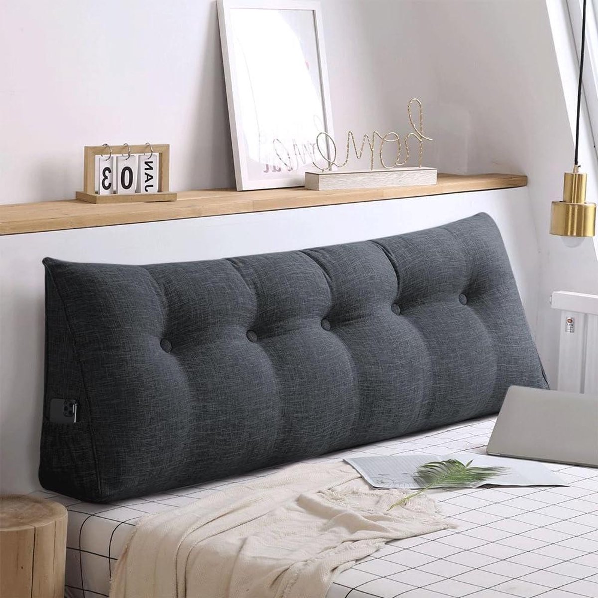 Groot rugkussen - Leeskussen wig - Ontspannen in bed - Hoge rugondersteuning - 200 x 50 cm - Lichtgrijs
