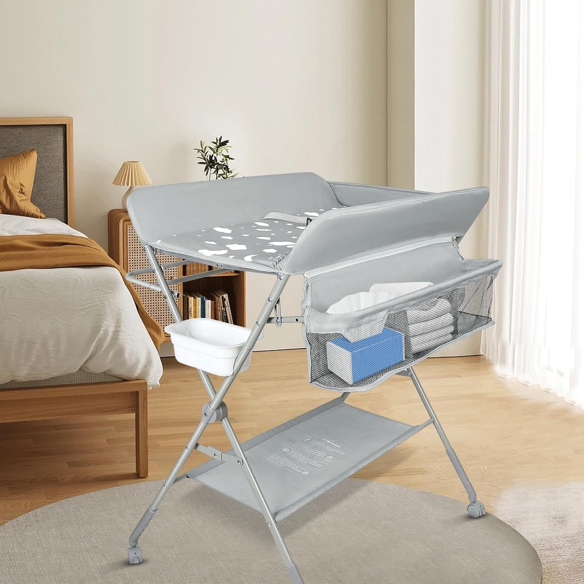 Baby Verschoontafel - Mobiele Tafel - Baby Verzorging - Inklapbaar Met Wieltjes - 80 x 58 x 90cm - Lichtgrijs