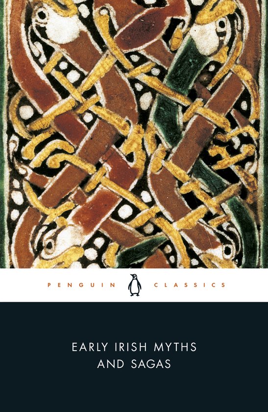 Boek 'Early Irish Myths and Sagas' met een Keltische patroon in rood, geel en groen.