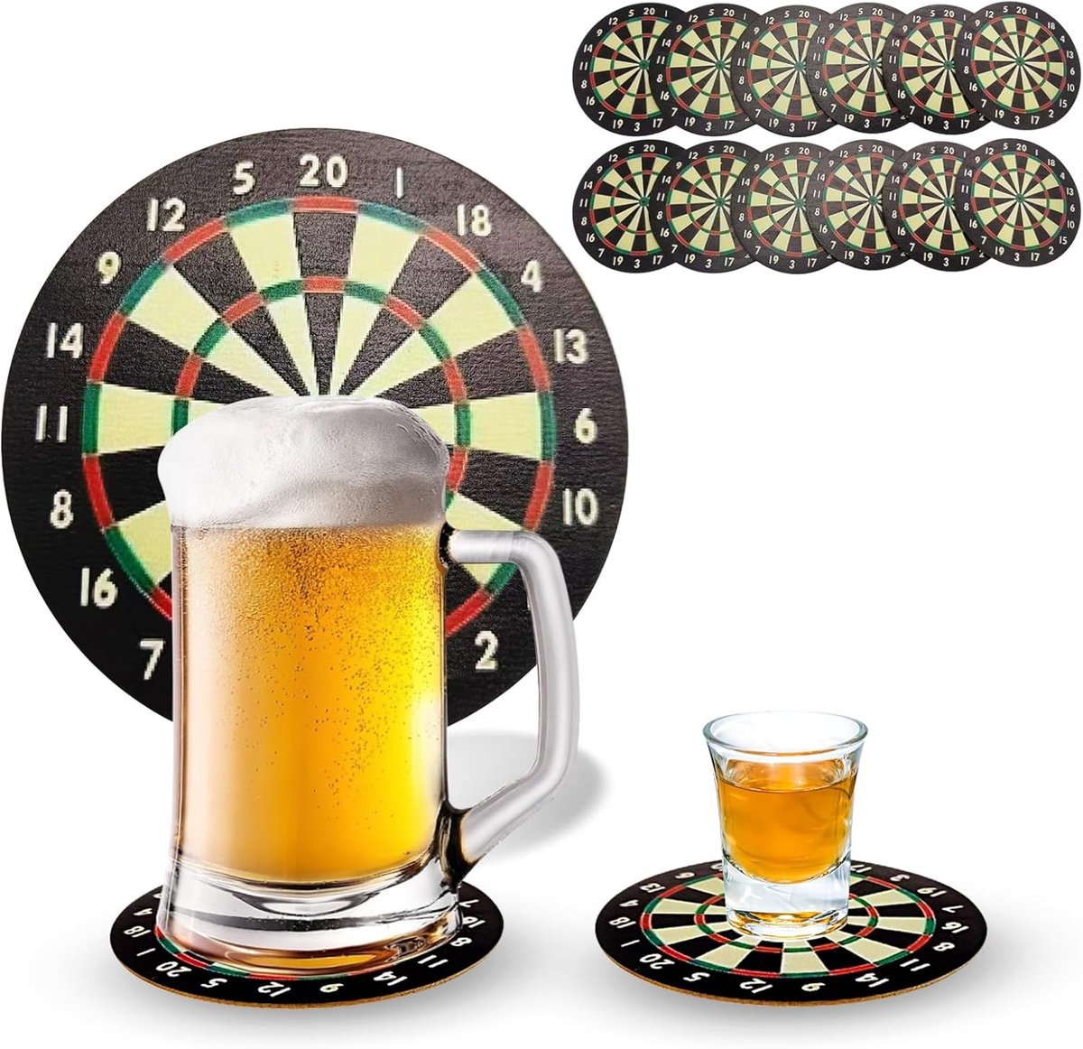 Coasters voor Darts, Set van 12 Stuks, Ideaal als Cadeau voor Mannen, Diameter 10 cm, Perfect voor Dartsavonden en Feestjes