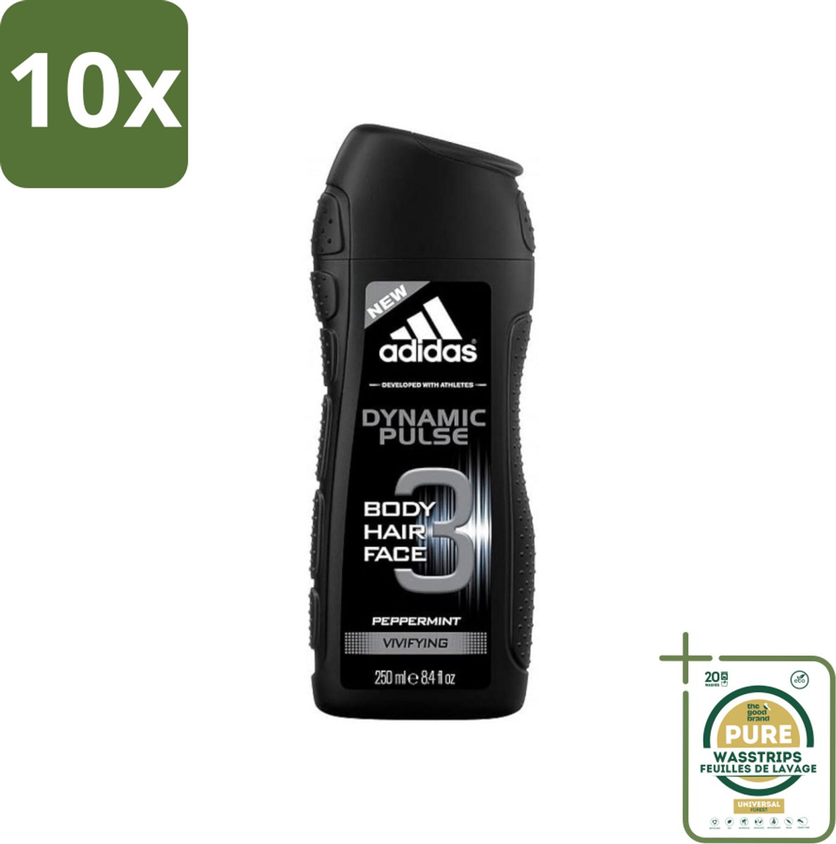 10 x Adidas - 3-in-1 Douchegel - Dynamic Pulse - Pepermunt - Vivifying - 250 ml - Grootverpakking - Douchegel - 3-in-1 - Lichaam - Gezicht - Haar