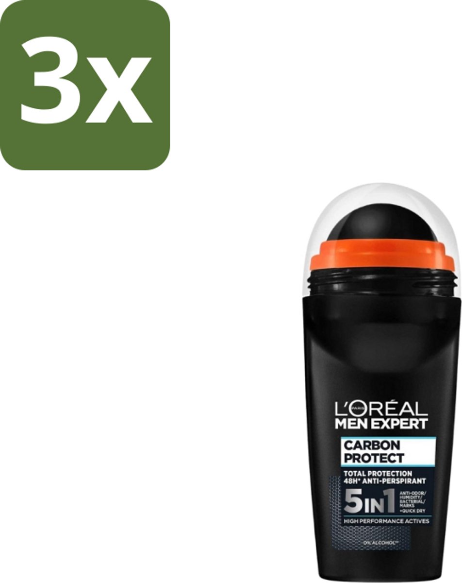 3 x L’Oréal Paris Men Expert – Deodorant Roller – Carbon Protect 5-in-1 – 50 ml - Anti-transpirant - Deodorant Roller - 5-in-1 - Anti-vlek - Geur