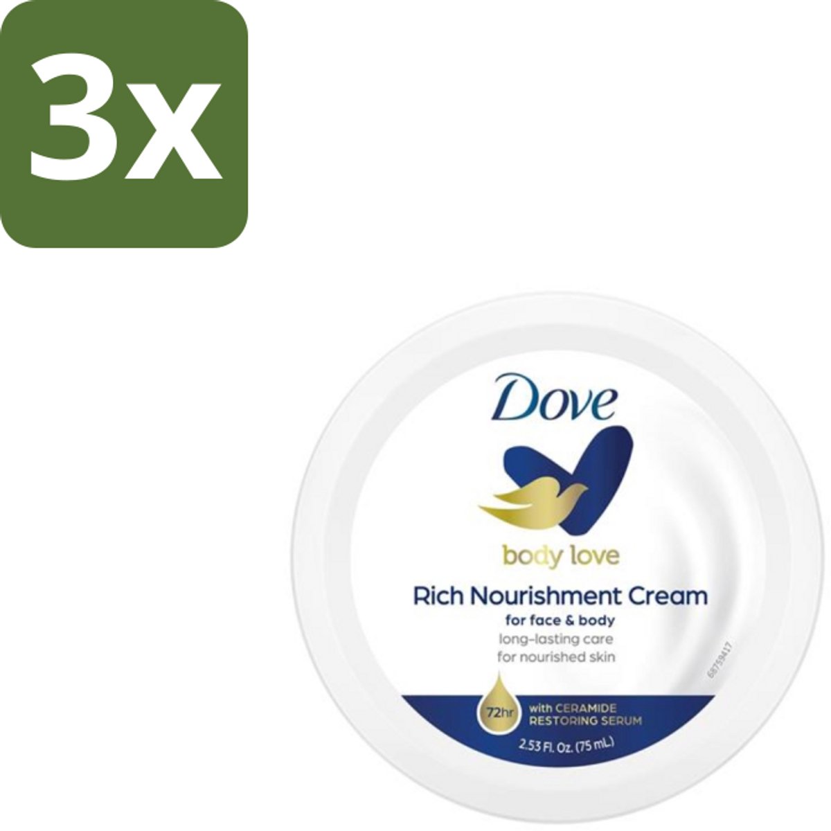 3 x Dove – Bodycrème – Rich Nourishment – 75 ml - Bodycrème - Hydratatie - Droge Huid - Voedende Crème - DeepCare Complex
