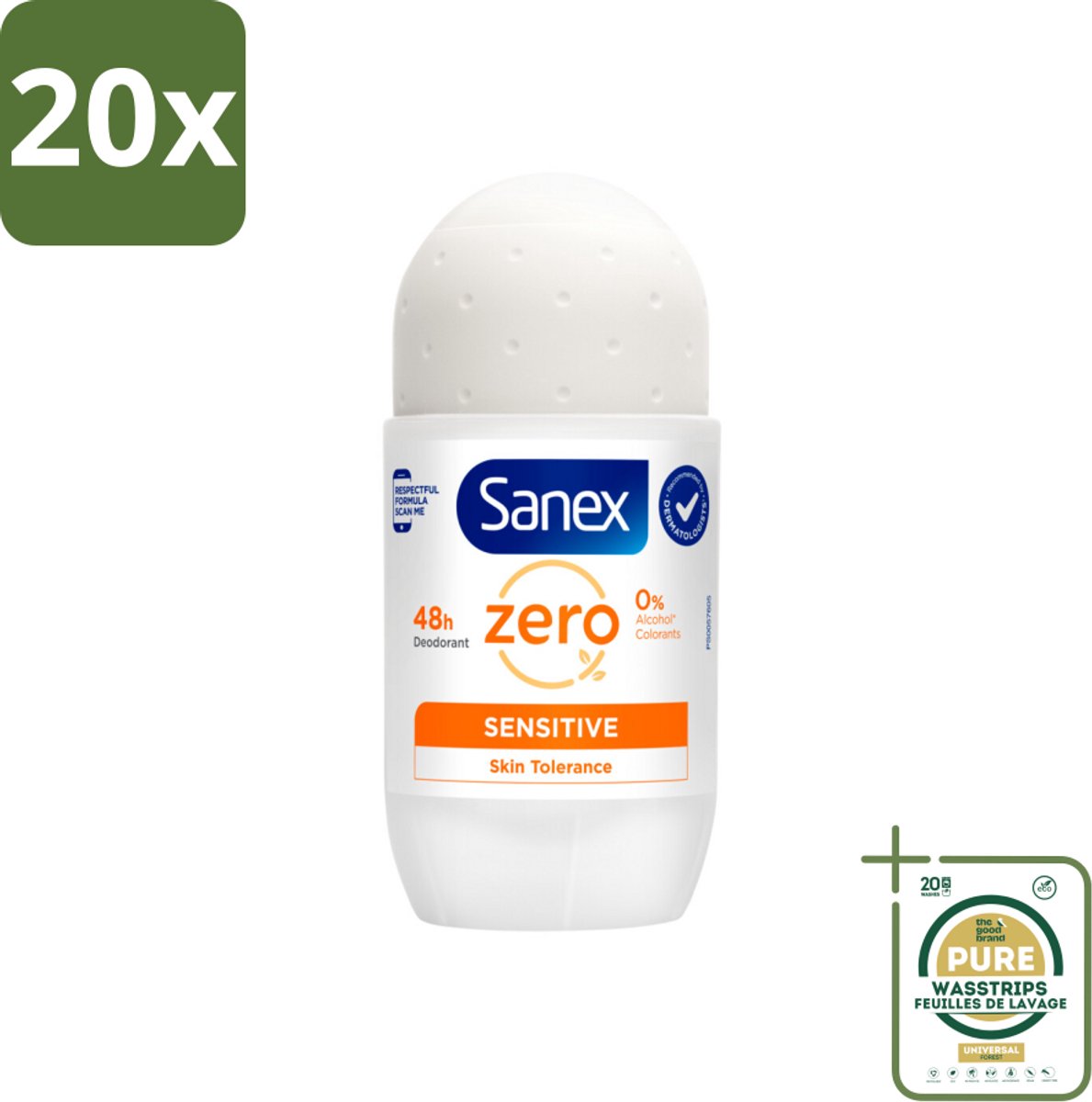 20 x Sanex Deodorant Roller Zero% Sensitive Skin 50 ml - Grootverpakking - Sanex Deodorant Zero% Sensitive - Alcoholvrije Deodorant - Parabenenvrije Deodorant - Gevoelige Huid - Deodorant Voor Mannen En Vrouwen