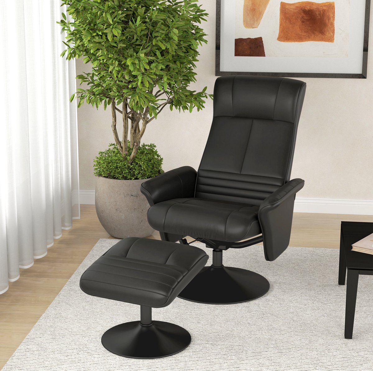 REDOM - Relaxfauteuil met hocker - 360° draaibaar - Handmatig verstelbare rugleuning - Met armleuningen - Woonkamer - Stof en metaal - Zwart - 69 x 71 x 104 cm