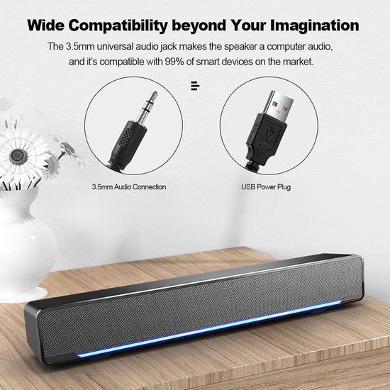 Mini Soundbar - Stereo Luidspreker - Muziek Luisteren - Blauw LED Licht - 32 cm - Zwart van MINI — afbeelding 2