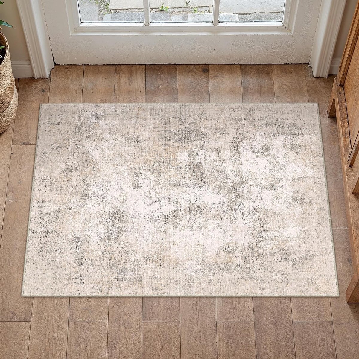 Beige Vloermat 60 x 90 cm, Abstract Tapijt, Wasbaar en Duurzaam, Boho Stijl voor Slaapkamer en Balkon, Korte Pool met Etnisch Patroon