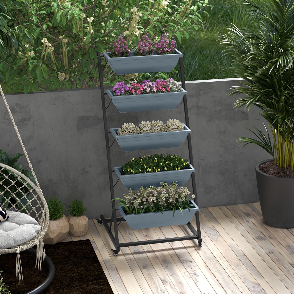 REDOM- Plantenrek met plantenbakken en wielen - 5 etages - Stapelbaar ontwerp - Voor binnen en buiten - Staal - Grijs - 65 x 67 x 145 cm