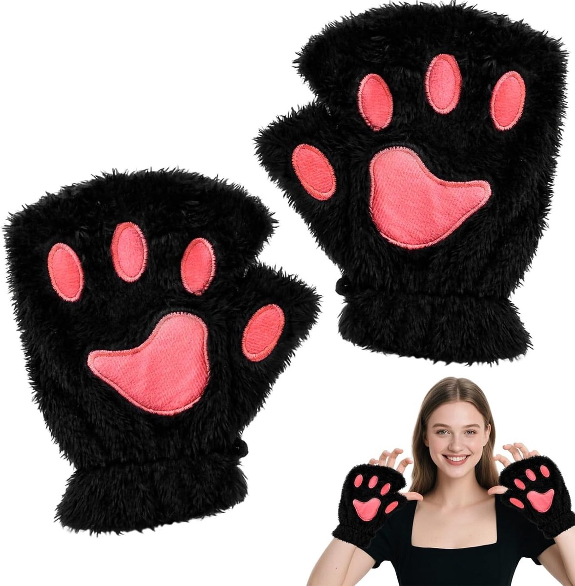 Pluche Vrouwelijke Kattenpoot Handschoenen voor Kostuum, Furry Vingerloze Cosplay Accessoires en Dierlijke Outfit