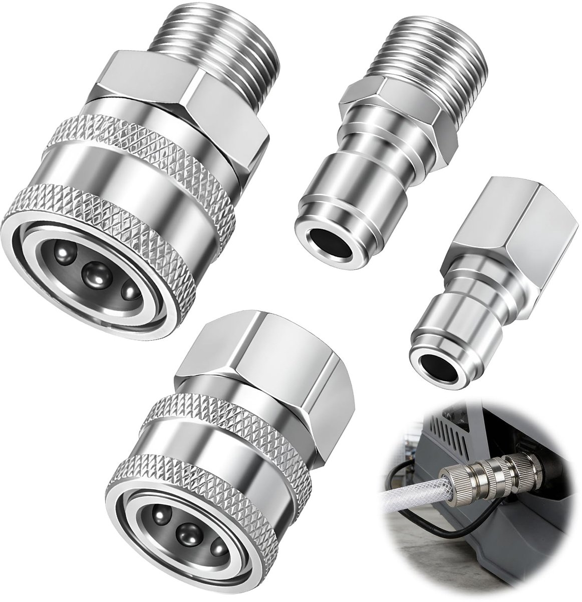 4 Stks 1/4 Inch Hogedrukreiniger Koppeling Set, NPT 1/4 Inch Quick Connect Fittings Rvs Mannelijk Vrouwelijk met - ShopVlot