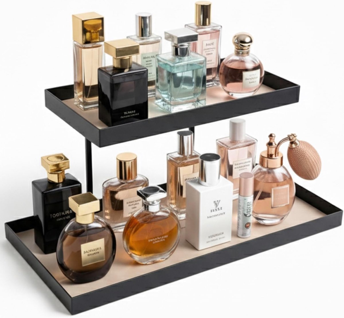 Moderne Cosmetische Organizer voor Parfums met 2 Niveaus van Metaal en Faux Leer, Perfect voor Badkamer en Slaapkamer