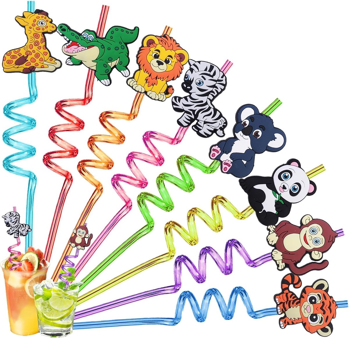 8 Stuks Herbruikbare Dieren Rietjes voor Kinderen, Krullende Rietjes voor Verjaardagsfeestjes en Gezinsbijeenkomsten, Milieuvriendelijk en Leuk Accessoire