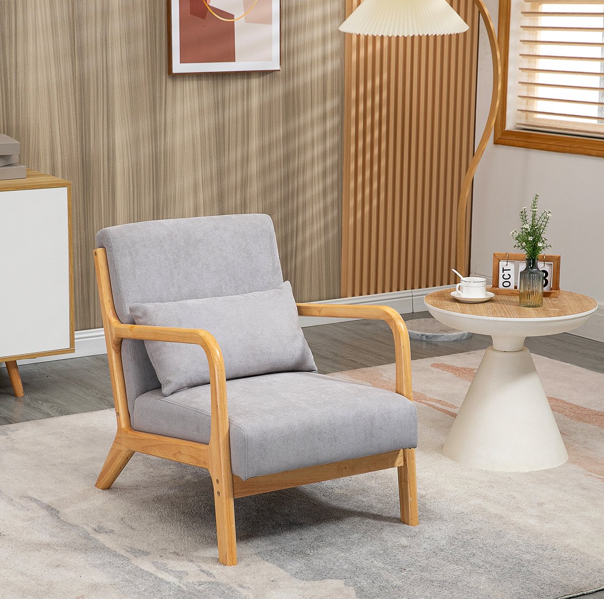 REDOM - Fauteuil - Met armleuningen en lendenkussen - Gepolsterd - Houten frame - Grijs - Woonkamer en slaapkamer - 61 x 78 x 76 cm