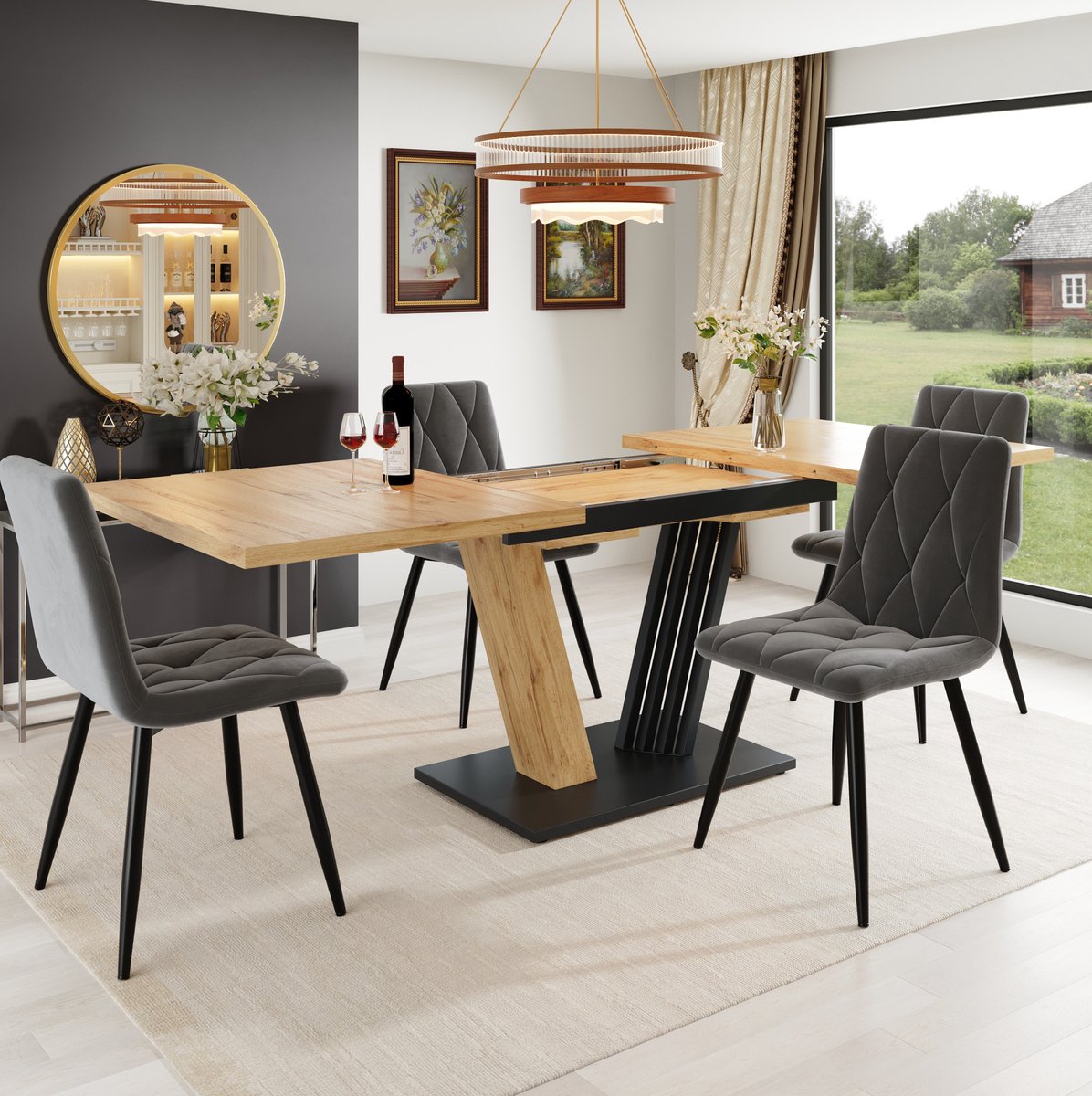 Wishdor Uitschuifbare eettafelset - 4 stoelen - Modern - Houtlook en metaal - Grijs - 120/160 x 80 x 76 cm