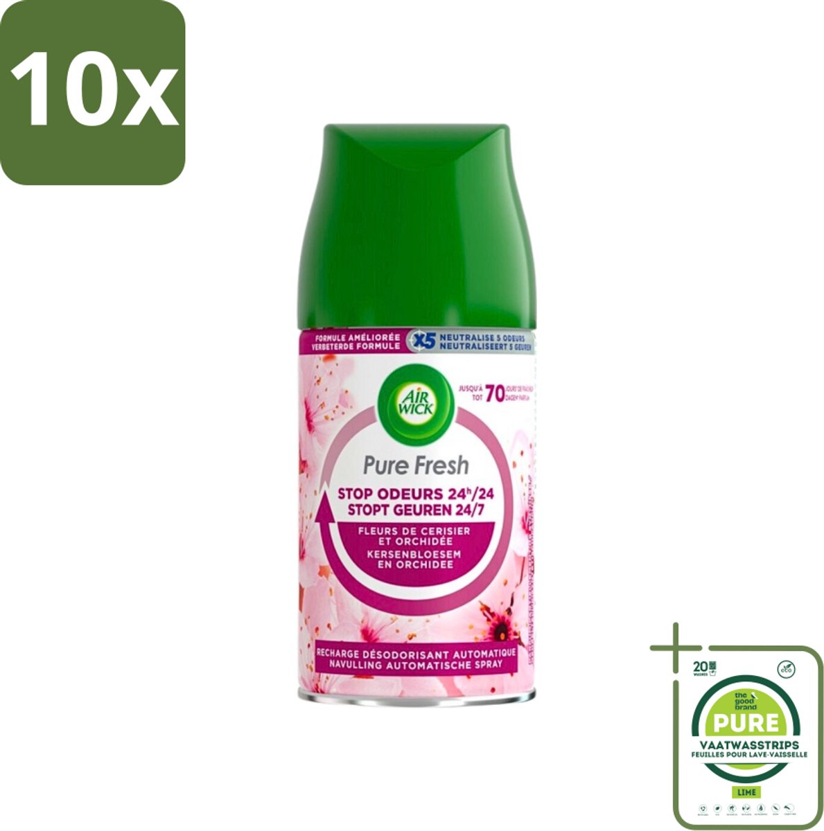10 x Air Wick Freshmatic Max Pure Fresh Cherry Blossom & Orchid 250 ml - Grootverpakking - Luchtverfrisser - Geurverspreider - Aziatische Kersenbloesem - Air Wick Freshmatic - Navulling