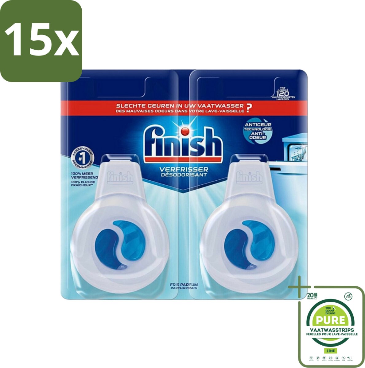 15 x Finish Deo Odorstop - Vaatwasverfrisser - Fris Parfum - Anti-geur - Tot 120 Afwasbeurten - Grootverpakking - Vaatwasser Geur - Vaatwasser Verfrisser - Geur Neutraliseren - Vaatwasser Schoonmaken - Anti-geur