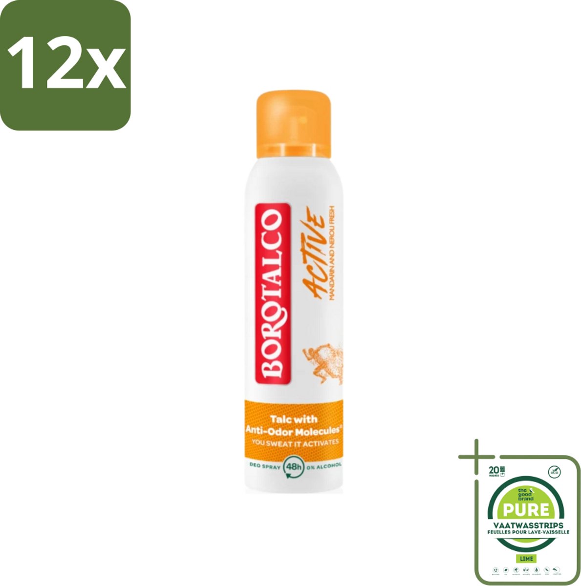 Borotalco - Deodorant Spray - Active - Mandarin & Neroli Fresh - 0% Alcohol - 150 ml - Voordeelverpakking - 12 stuks - Deodorant spray - Antitranspirant