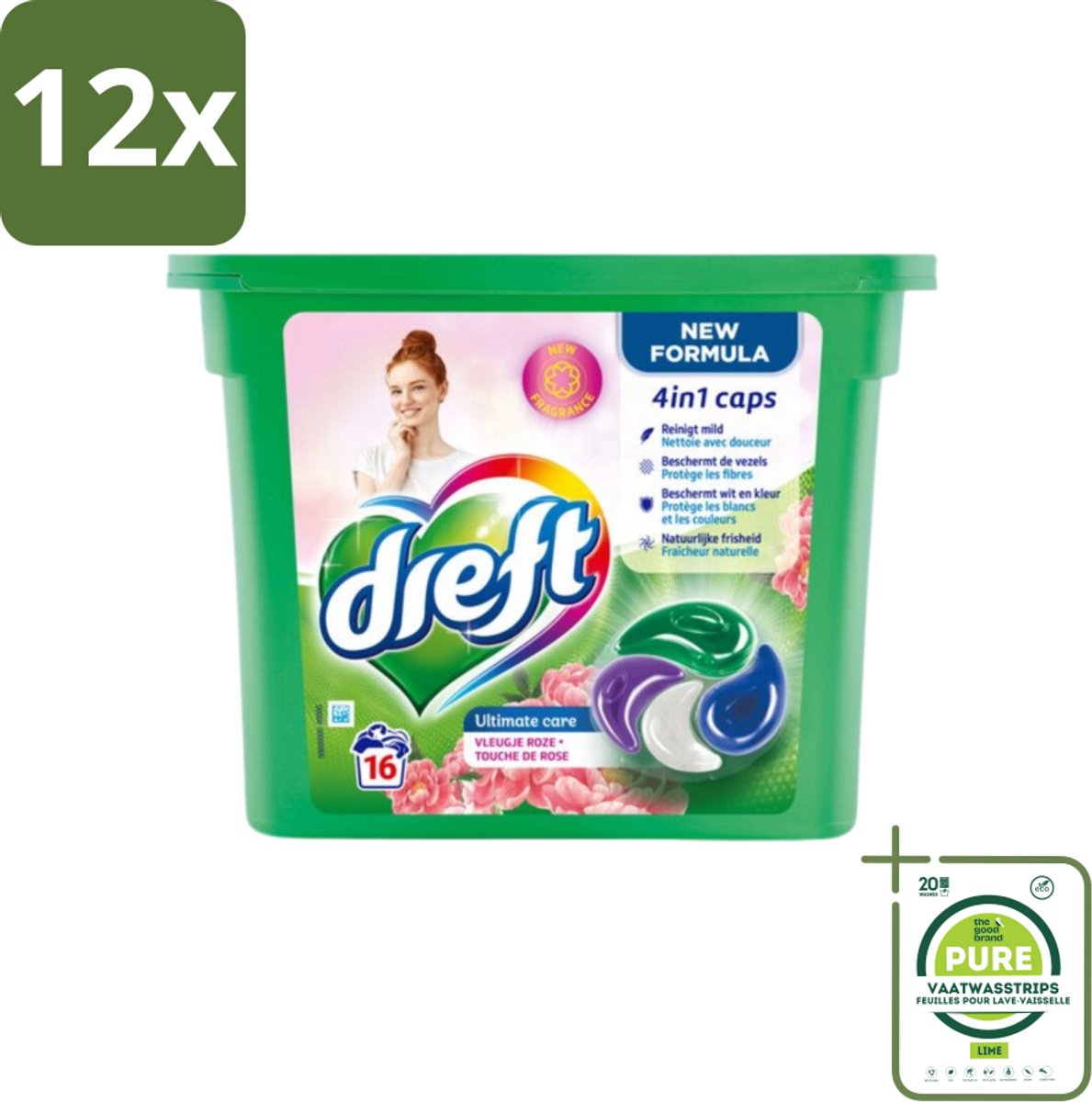 Dreft - Nieuwe Formule - Wasmiddelcapsules 4in1 - Witte en Gekleurde Was - Vleugje Roze - 16 Wasbeurten - Voordeelverpakking - 12 stuks - Wasmiddelcapsules - Wascapsules