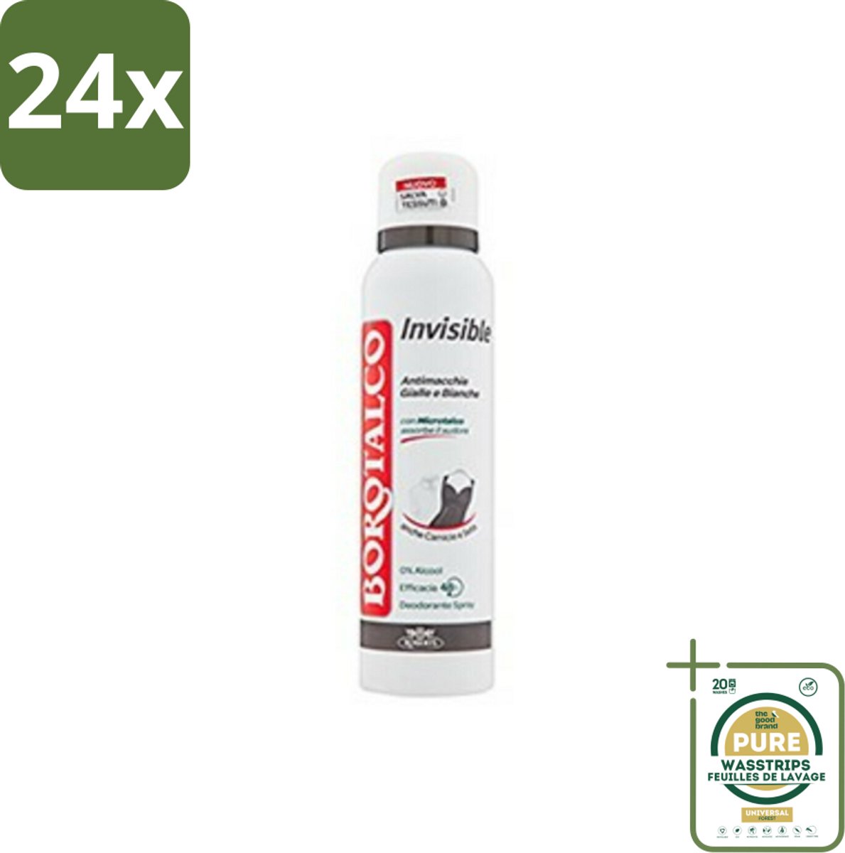 Borotalco - Deodorant Spray - Invisible - Barrier Effect Talc - 0% Alcohol - 150 ml - Voordeelverpakking - 24 stuks - Antitranspirant - Vlekkenvrije deodorant