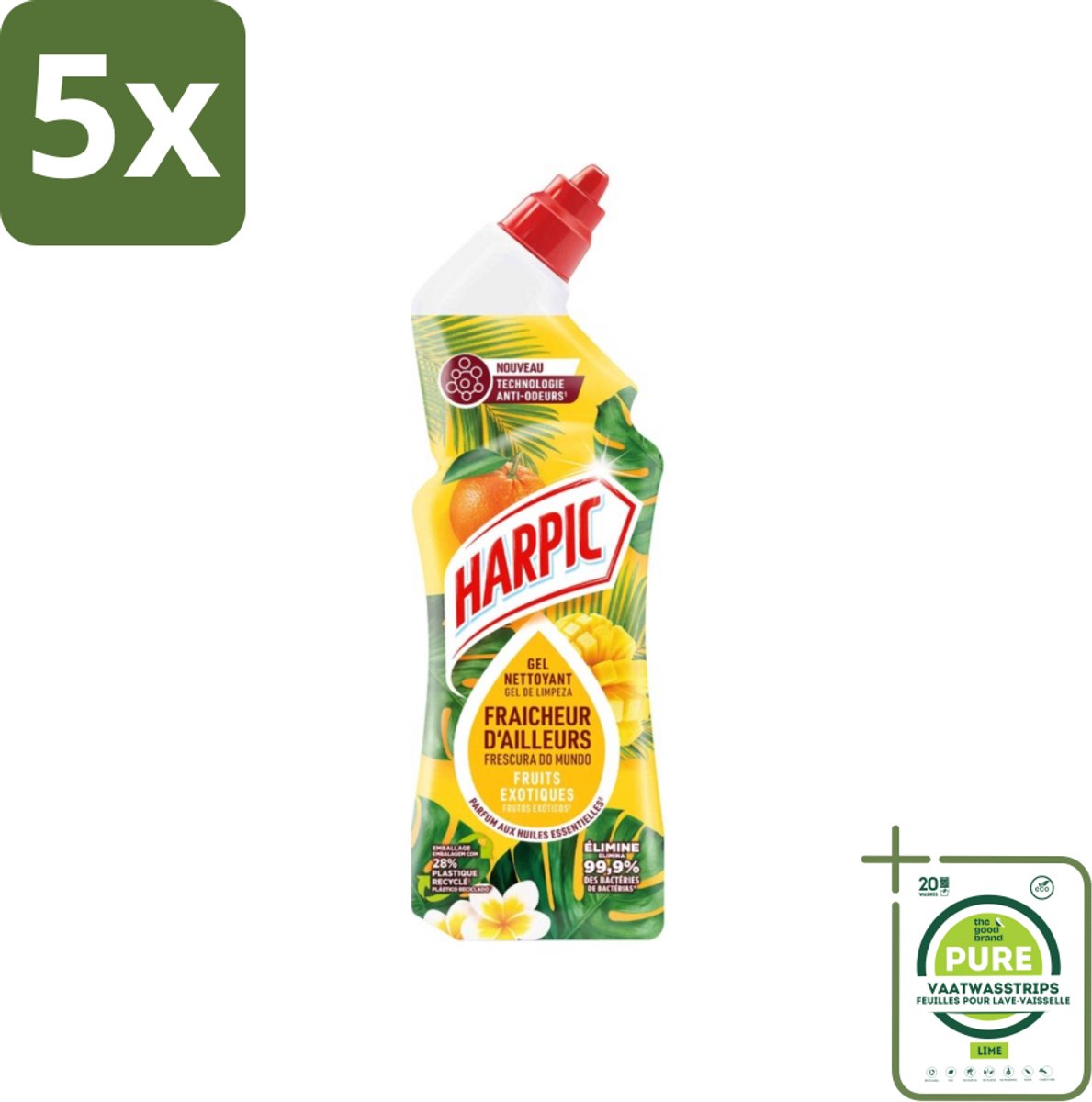 5 x Harpic - Toiletreiniger - Gel - Exotisch Fruit Parfum - 750 ml - Grootverpakking - Toilet Schoonmaak - Wc Reiniger - Exotische Geur - Toiletgel - Langdurige Geur