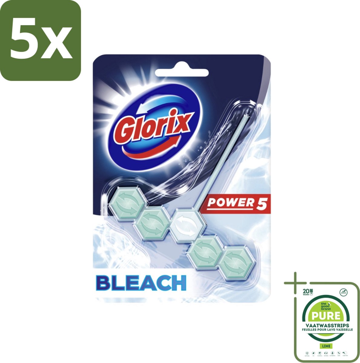 5 x Glorix - Power 5 - Toiletblok - Bleach - Anti-Kalkwerking - Langdurige Frisheid - 1 Blok - Grootverpakking - Toilet Schoonmaak - Toiletblok - Kalk Verwijderaar - Toilet Frisheid - Hygiënisch Toilet