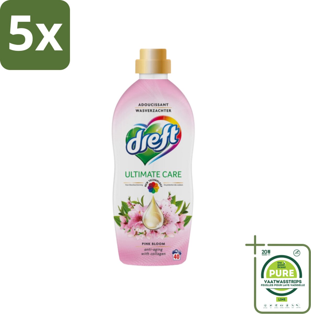 5 x Dreft - Ultimate Care - Wasverzachter - Roze Bloem - Anti-Veroudering - 40 Wasbeurten - Grootverpakking - Wasverzachter - Kleurbescherming - Anti-veroudering - Collageen - Roze Geur