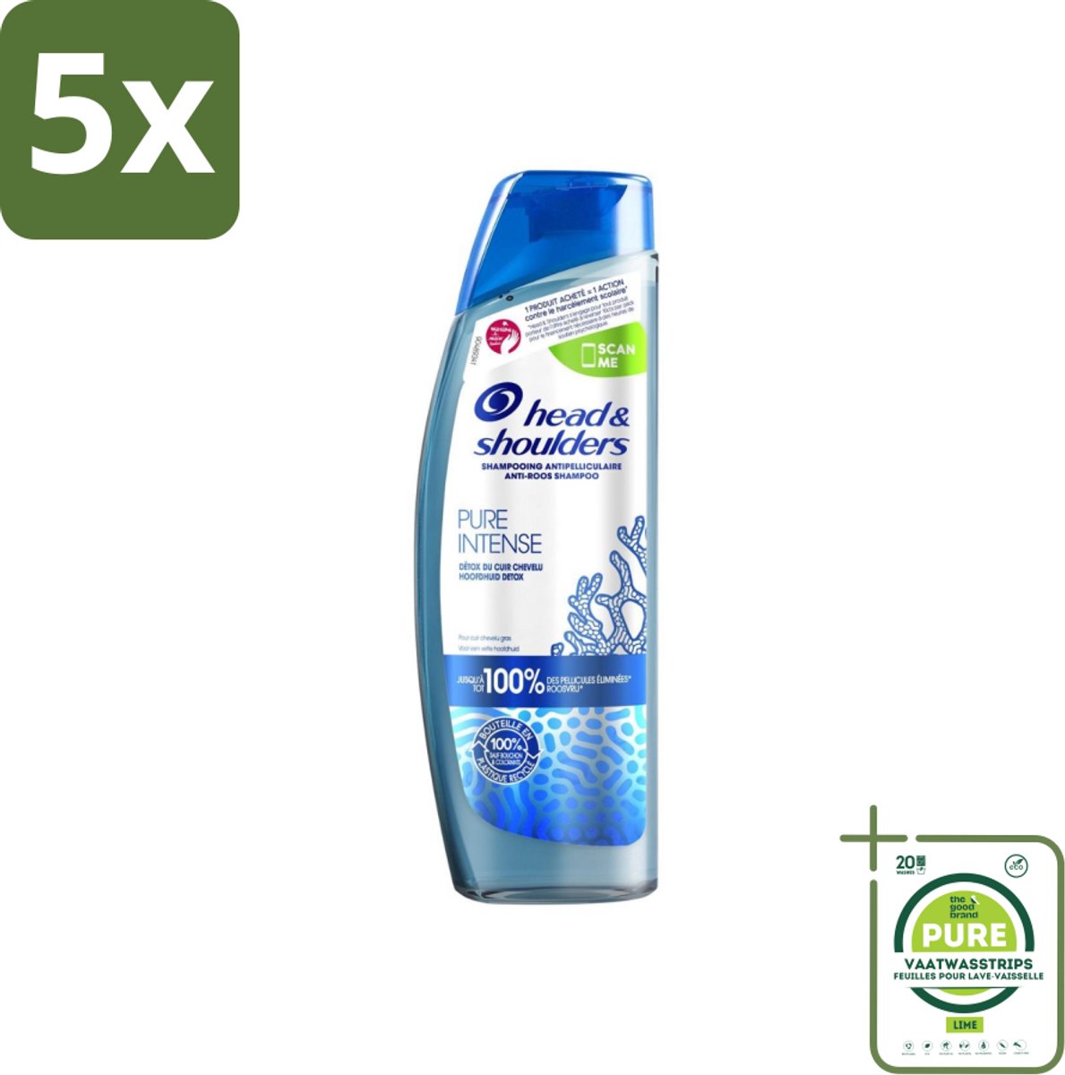 5 x Head & Shoulders - Anti-Roos Shampoo - Pure Intense - Hoofdhuid Detox - 250 ml - Grootverpakking - Anti-Roos Shampoo - Hoofdhuid Detox - Roosbestrijding - Hoofdhuid Reinigen - Gezonde Hoofdhuid