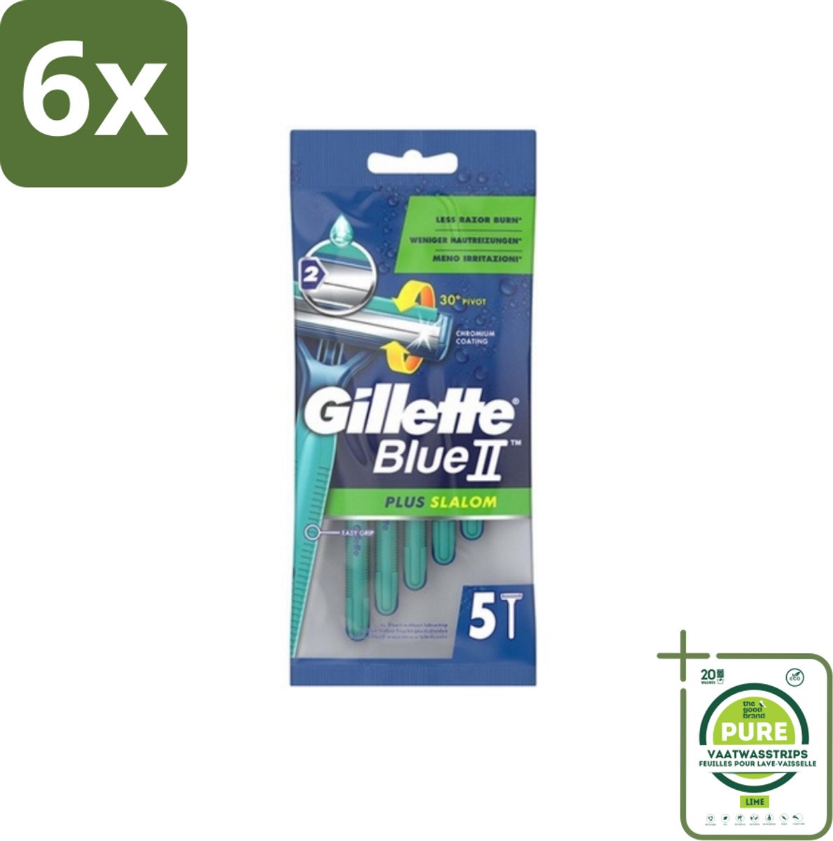 Gillette Blue II - Plus Slalom - Wegwerpscheermesjes - 5 Scheermesjes - Voordeelverpakking - 6 stuks - Wegwerp scheermesjes - Scheermesjes voor mannen