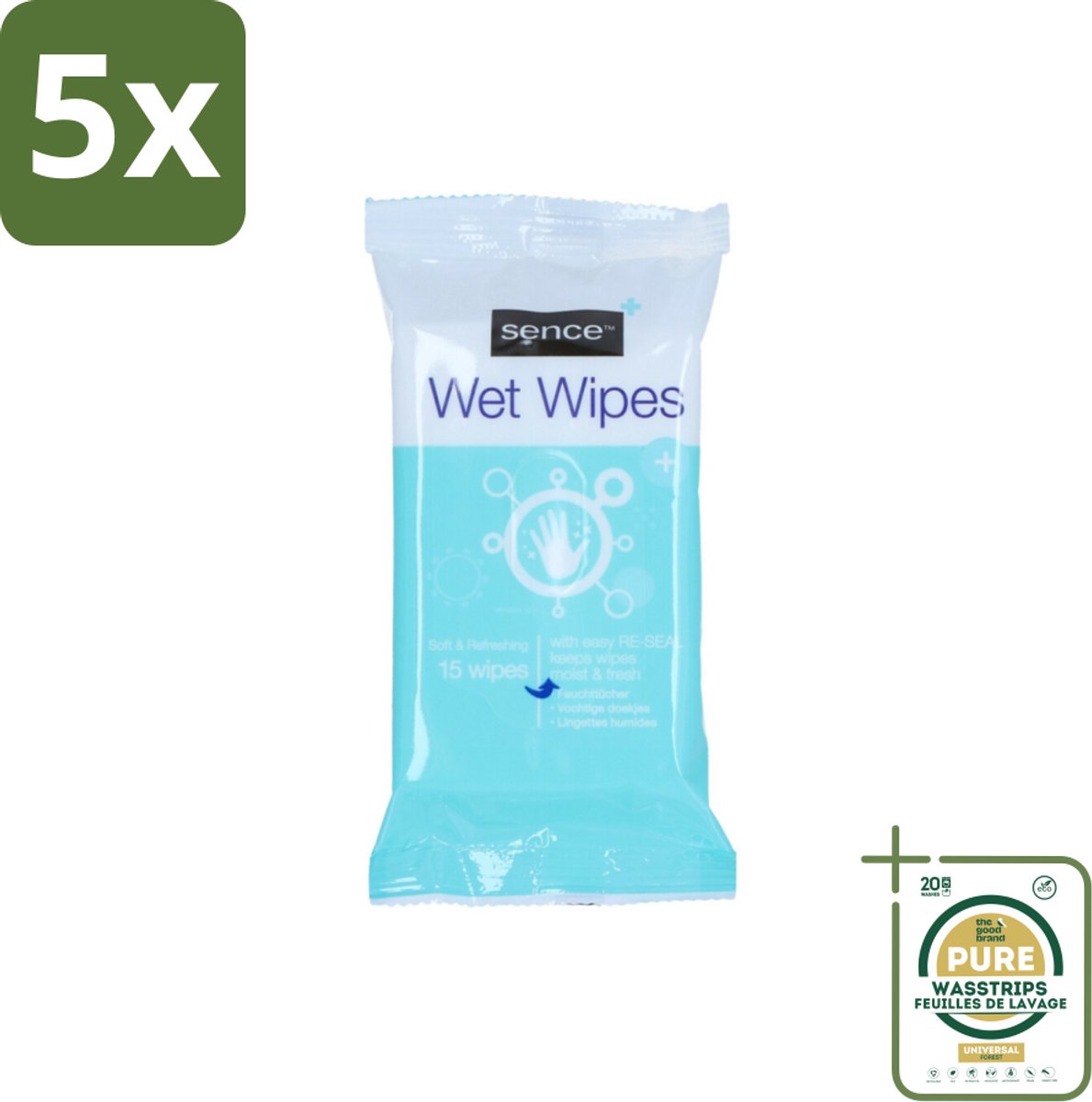 5 x Sence - Vochtige Doekjes - Hersluitbare Verpakking - 15 Doekjes - Grootverpakking - Vochtige Doekjes - Handdoek - Gezichtsdoek - Reinigingsdoek - Handdoek Voor Gezicht