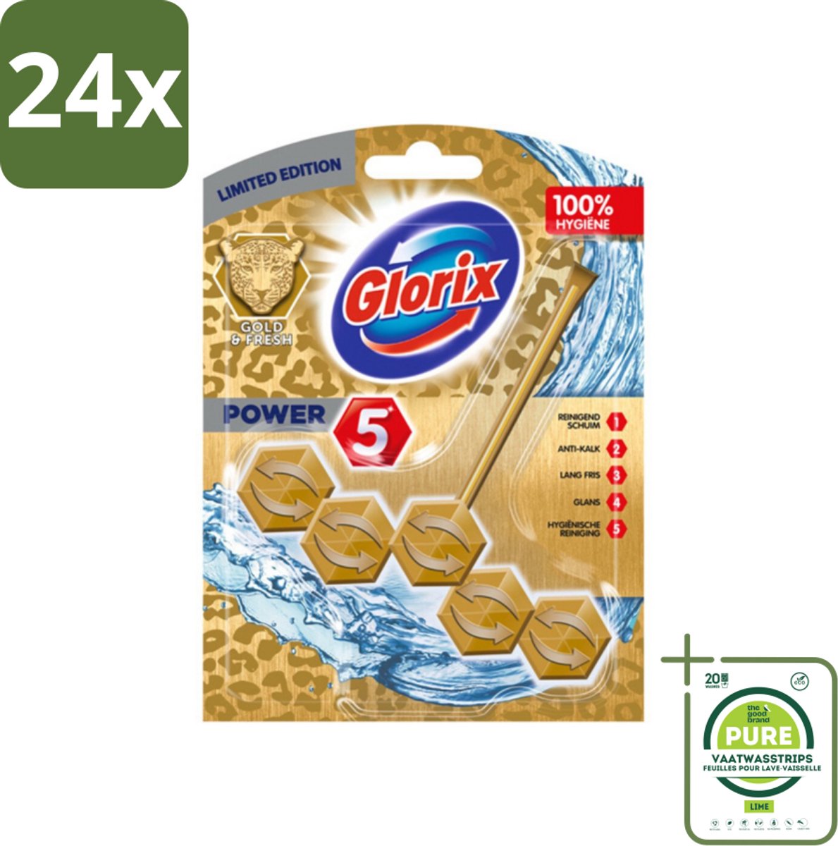 Glorix - Power 5 - Toiletblok - Gold & Fresh - Limited Edition - Langdurige Frisheid - 1 Blok - Voordeelverpakking - 24 stuks - Toiletblok - Toilet schoonmaak