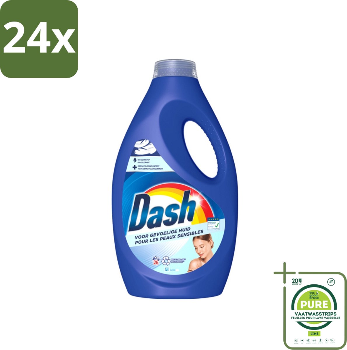 Dash Sensitive - Vloeibaar Wasmiddel - Voor Gevoelige Huid - Witte en Gekleurde Was - 26 Wasbeurten - Voordeelverpakking - 24 stuks - Wasmiddel voor gevoelige huid - Wasmiddel zonder kleurstoffen