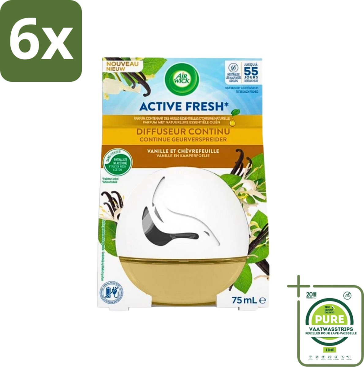Air Wick Decosphere - Luchtverfrisser - Vanille & Kamperfoelie - 75ml - Voordeelverpakking - 6 stuks - Luchtverfrisser - Vanille geur