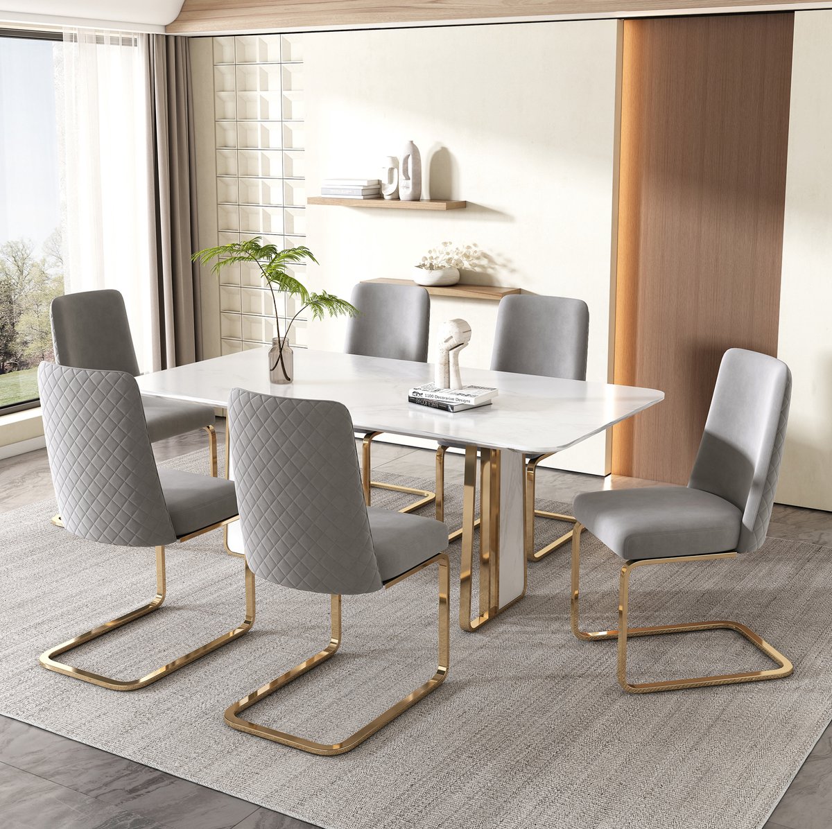 MIVRAY Eetkamerstoel Set van 6 - Luxe Fluwelen Design Met Diamantstiksel En Gouden Metalen Onderstel - Voor Eetkamer En Woonkamer - Grijs