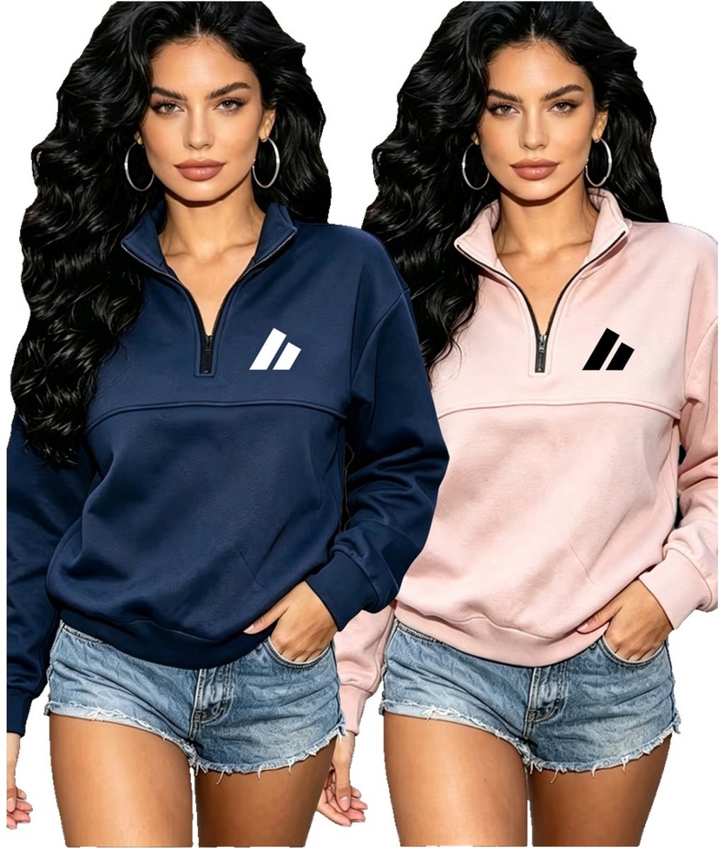 Currero Quarter Zip Dames Sweater Met Rits Jumper Quarterzip Hoodie Warme Trui Vest Lang Coltrui + Donkerblauw Roze