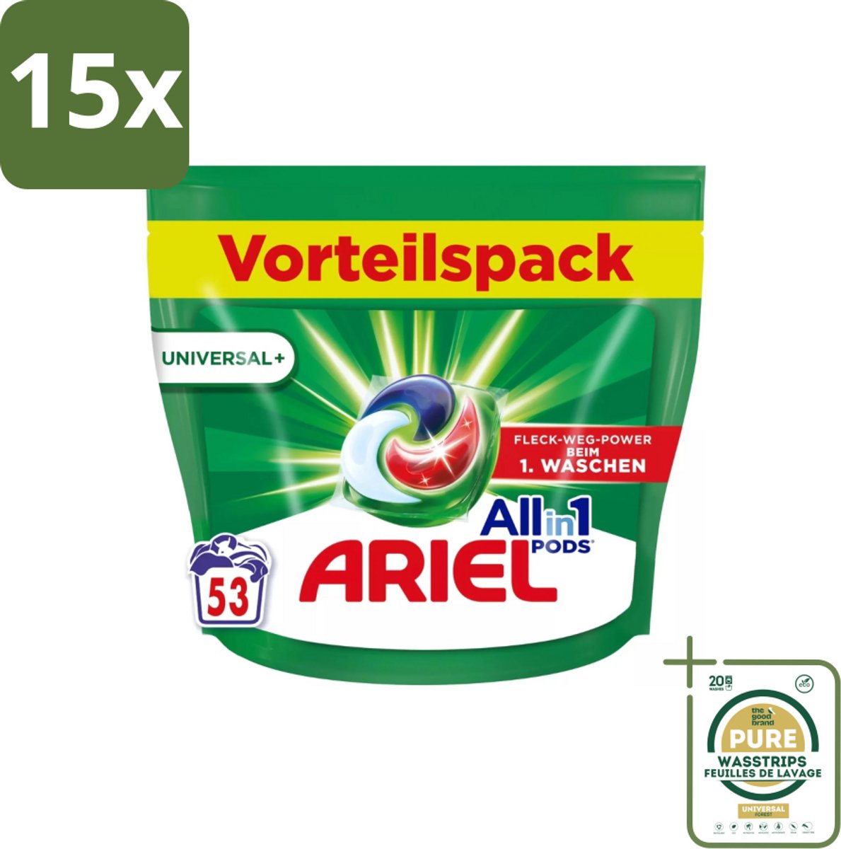 15 x Ariel – Pods All-in-1 – Original – 53 wasbeurten - Grootverpakking - Wasmiddel - Waspods - Reinigingscapsule - Vlekverwijdering - Kleurbehoud