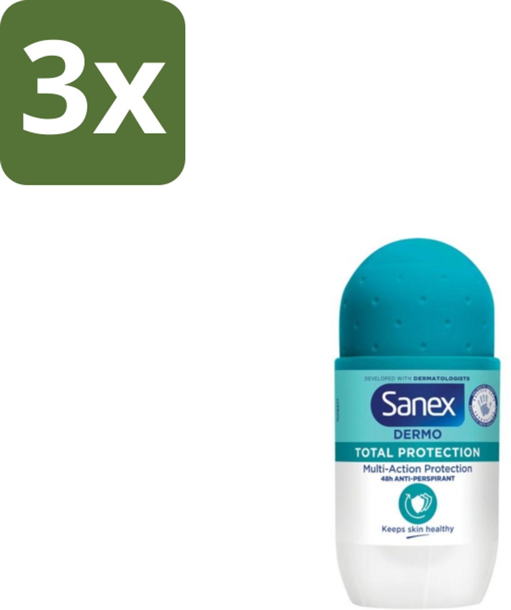 3 x Sanex – Deodorant Roll-On – Dermo Total Protection – 50 ml - Douche - Deodorant Roll-on - Zweetvermindering - Geurvermindering - Huidbescherming