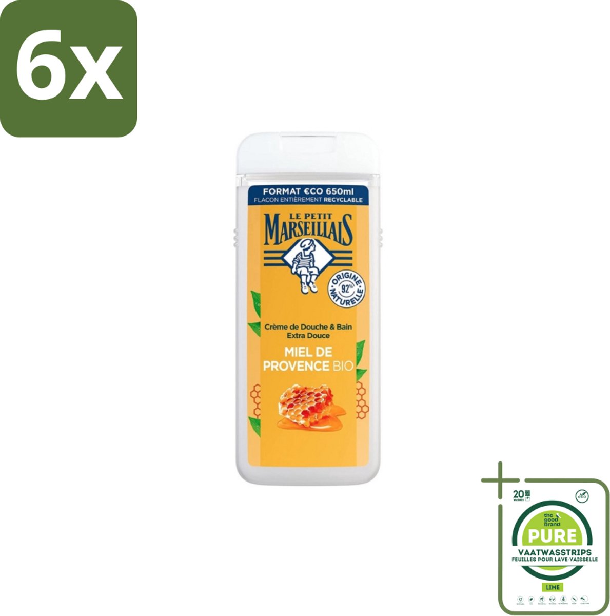Le Petit Marseillais – Douche & Bad – Honing – 650 ml - Voordeelverpakking - 6 stuks - Douche en bad - Honing