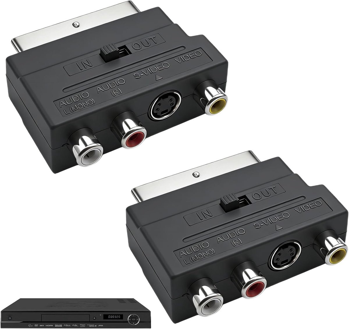 Scart naar 3 x cinch-adapter met S-Video & In/Out schakelaar, AV-converter voor videorecorders en retroconsoles, verliesvrije signaaloverdracht, ideaal voor audio en video, verpakking van 2 stuks