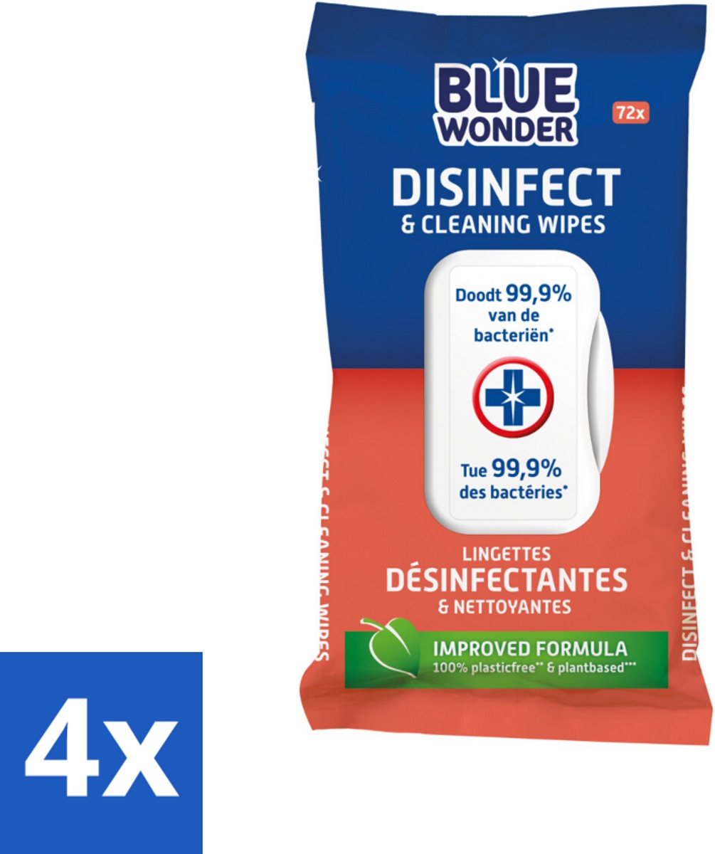 4 x Blue Wonder Desinfectie Reiniger Doekjes 72 stuks per verpakking - Reinigen - Desinfecteren - Schoonmaakdoekjes - Hygiëne - Bacteriën
