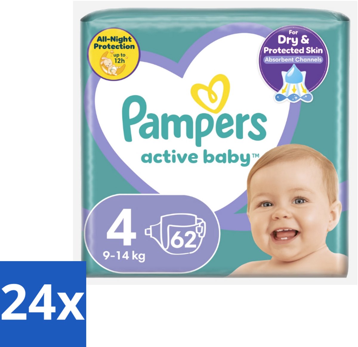 Pampers – Luiers – Active Baby Maat 4 (9-14 kg) – 62 Luiers - Voordeelverpakking - 24 stuks