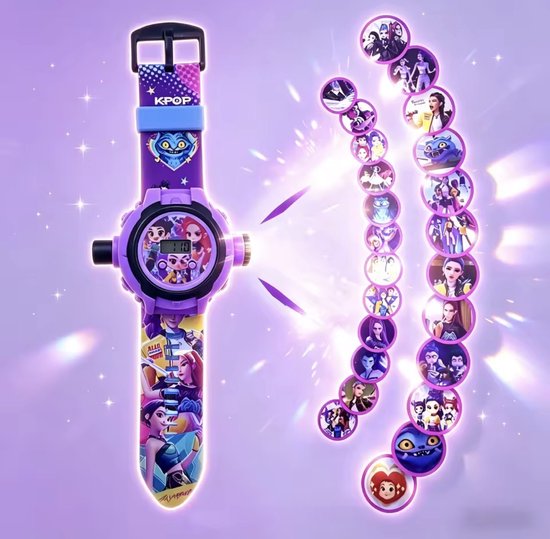 Paars K-Pop projectiehorloge met band met meidenafbeeldingen en dispay, projecteert veel cirkels met K-Pop karakters.