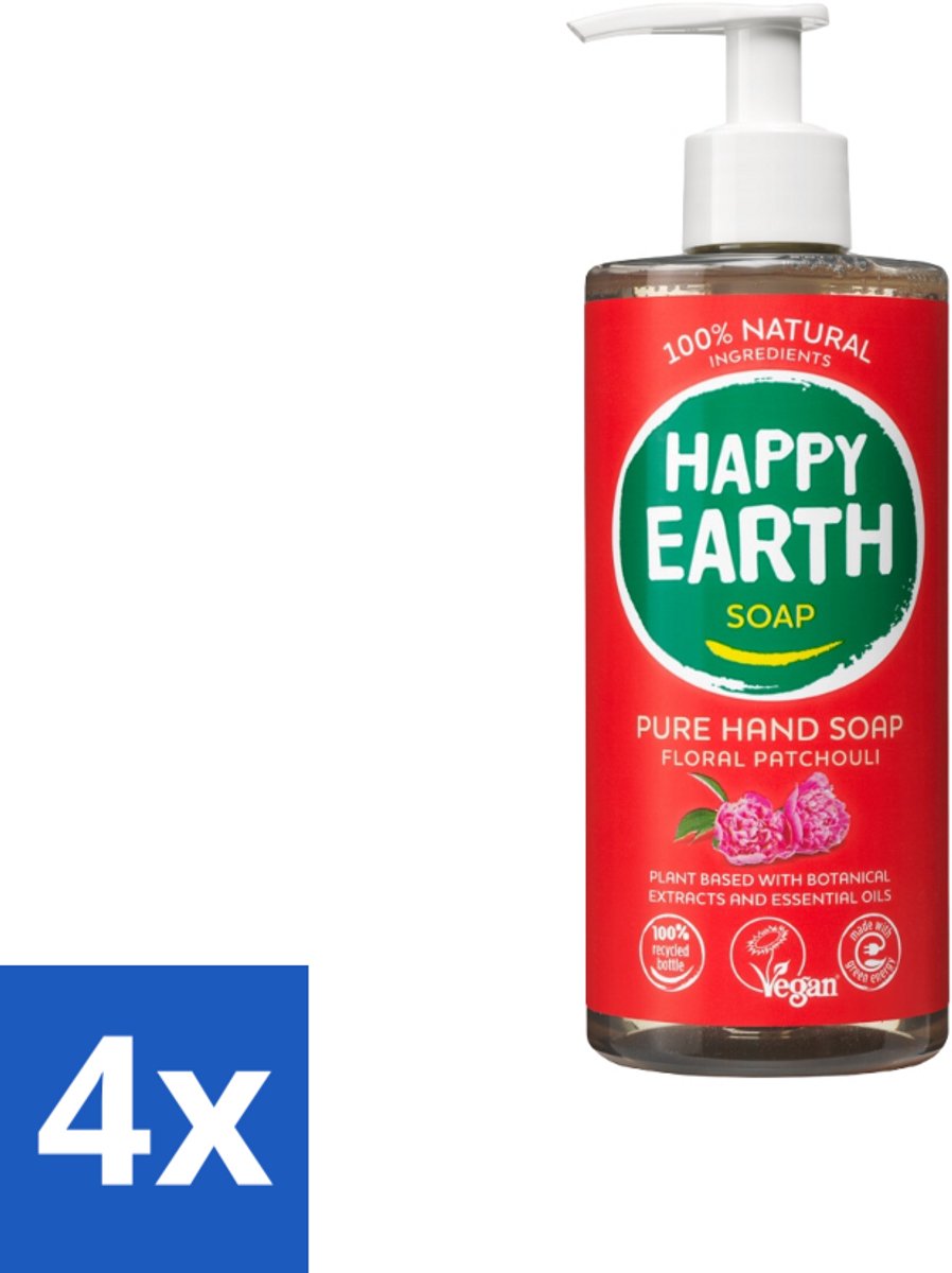 4 x Happy Earth – Handzeep – 100% Natuurlijk Floral Patchouli – 300 ml - Natuurlijke Handzeep - Vegan Handzeep - Handzeep Met Patchouli - Bloemige Handzeep - Huidvriendelijke Handzeep