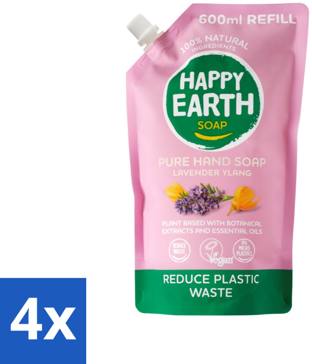 4 x Happy Earth – Handzeep Navulling – 100% Natuurlijk Lavender Ylang – 600 ml - Natuurlijke Handzeep - Navulverpakking - Lavendel - Ylang - Vegan Handzeep