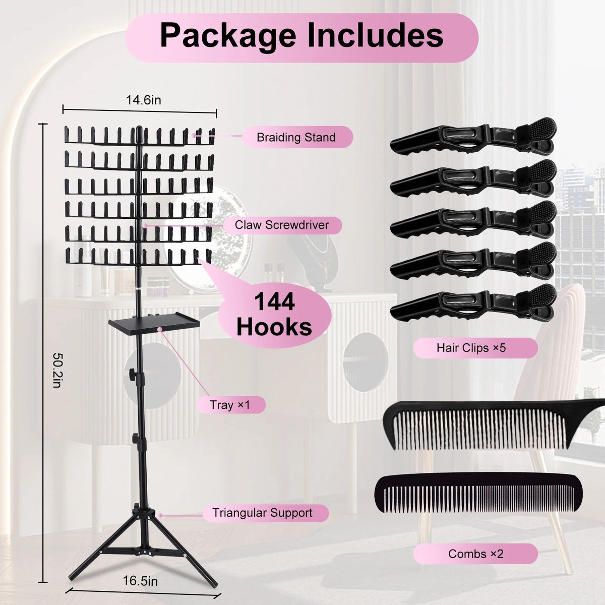 Cherrys Finds - Gevlochten Haarhouder - Haarsplitssteun Vlechten - Haar Stylen - Verstelbare Hoogte - Met 144 Pinnen - Makkelijk Mee Te Nemen - 38cm Breedt - Zwart